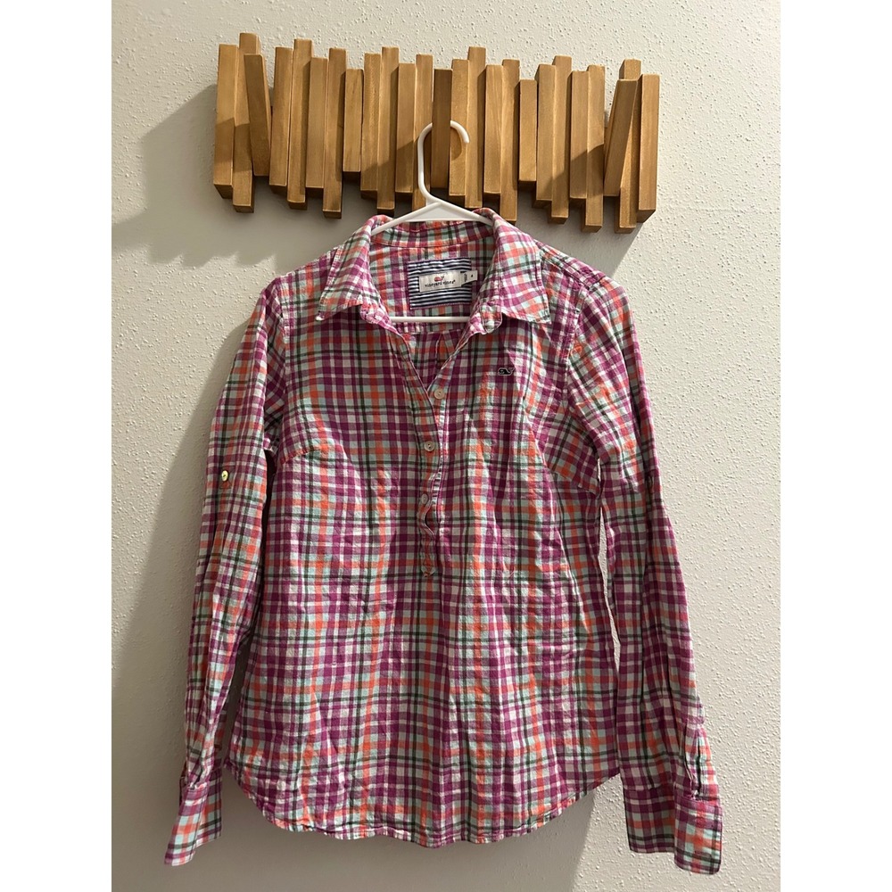 Vineyard Vines Womens Plaid Collared‎ Button Up Shirt Size 4 Pink Green Orange